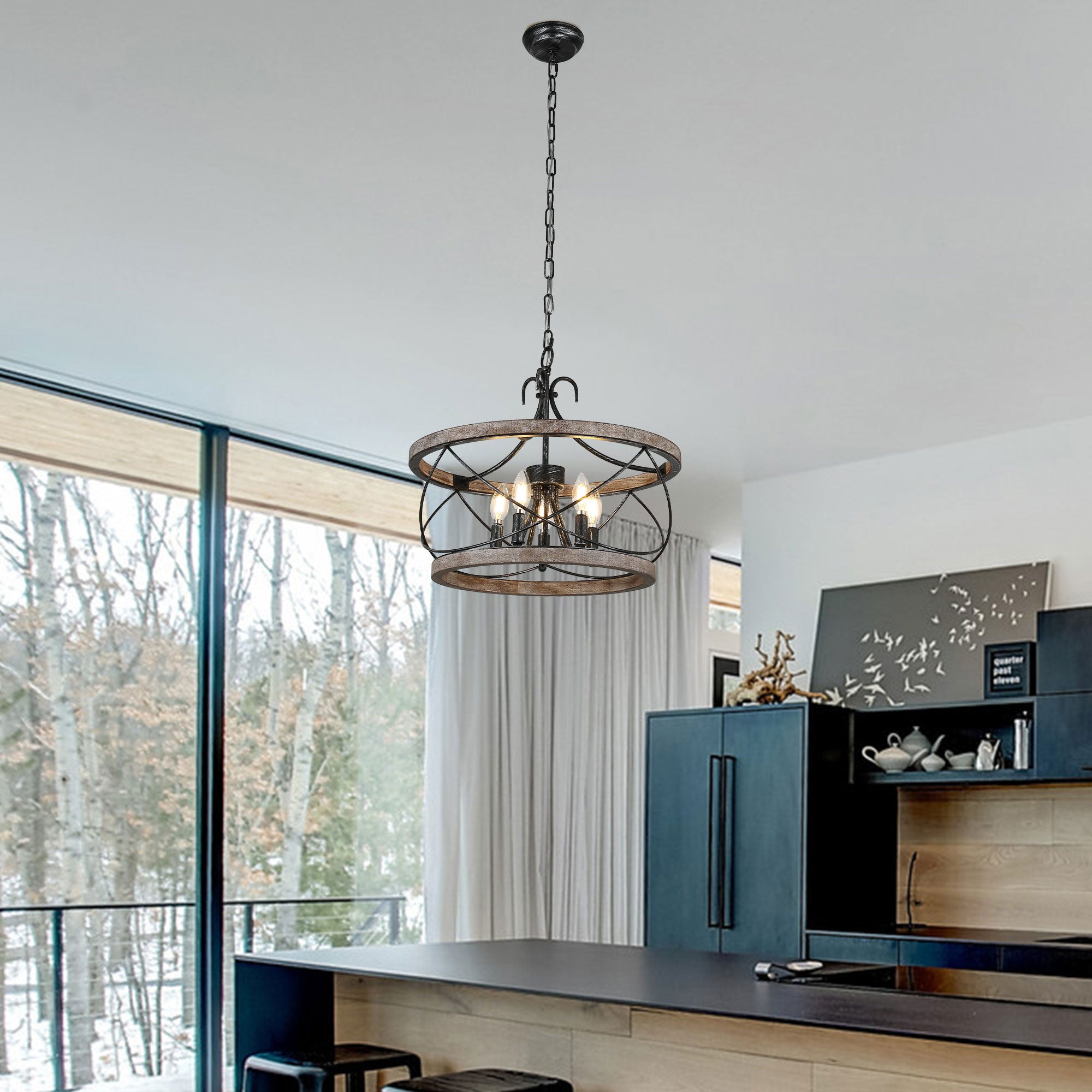 FC4065-Vintage Style Wooden Chandelier with Adjustable Chain and Candelabra Bulb Base