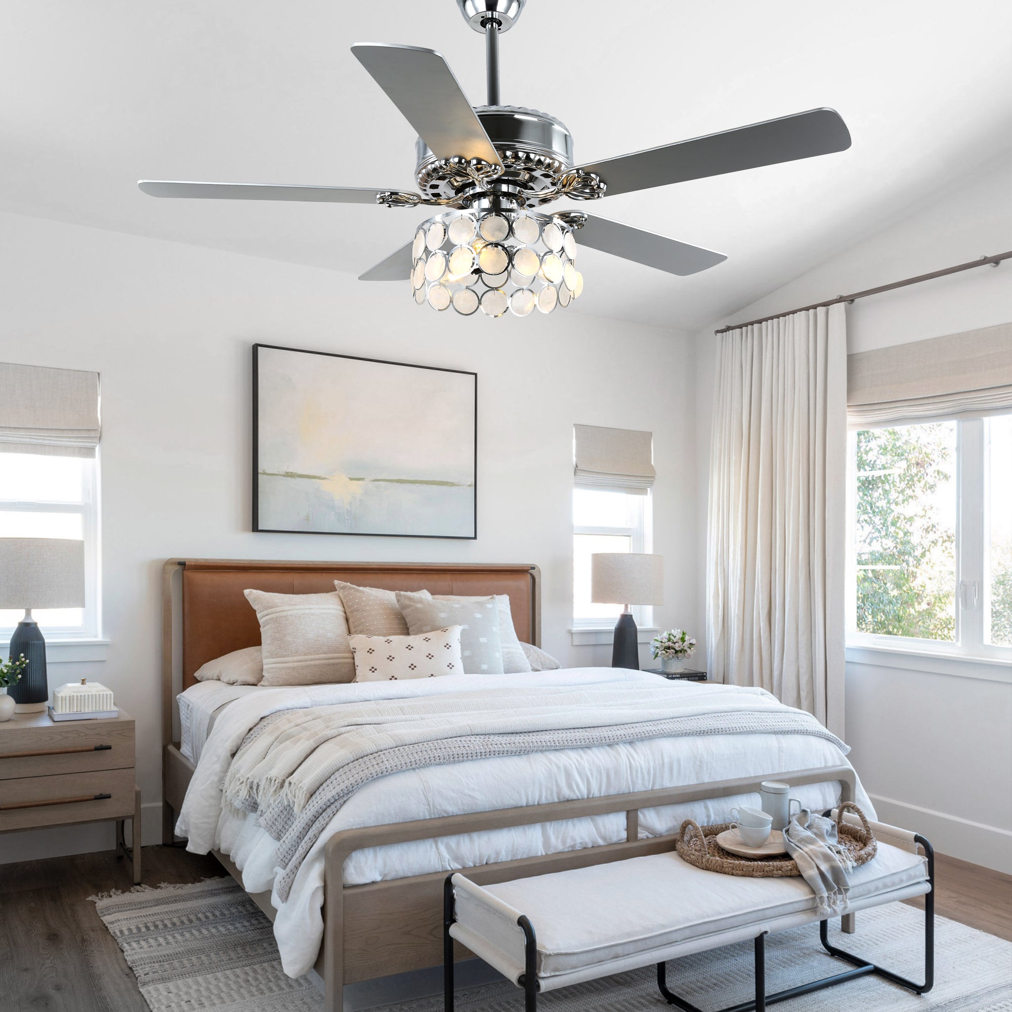 DC5216-BellaDepot 52" 5 Wooden Blades Chrome Finish Modern Reversible Ceiling Fan with Remote and Light, 6-speed Large Size Ceiling Fan