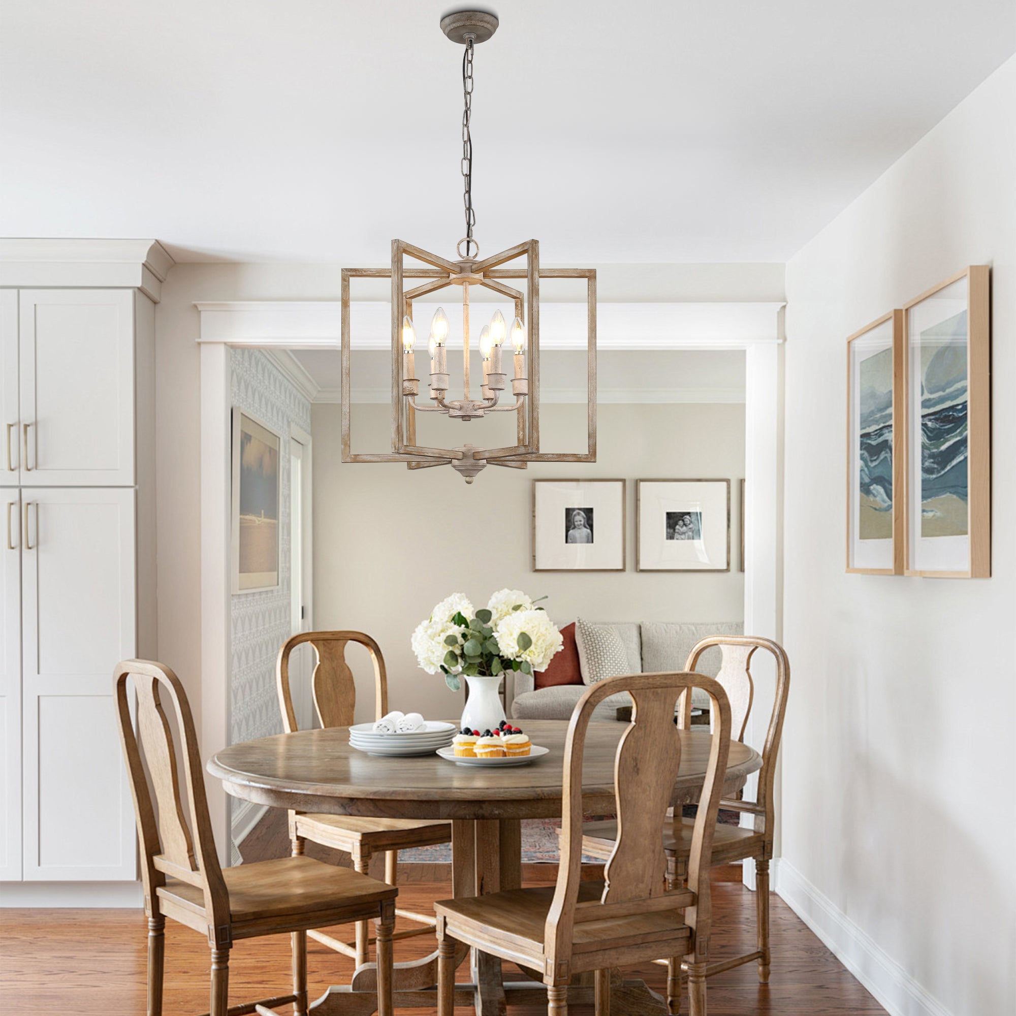 6 - Lights Cottage Distressed Wood Chandelier, 15.7" Height Adjustable Farmhouse Geometric Chandelier