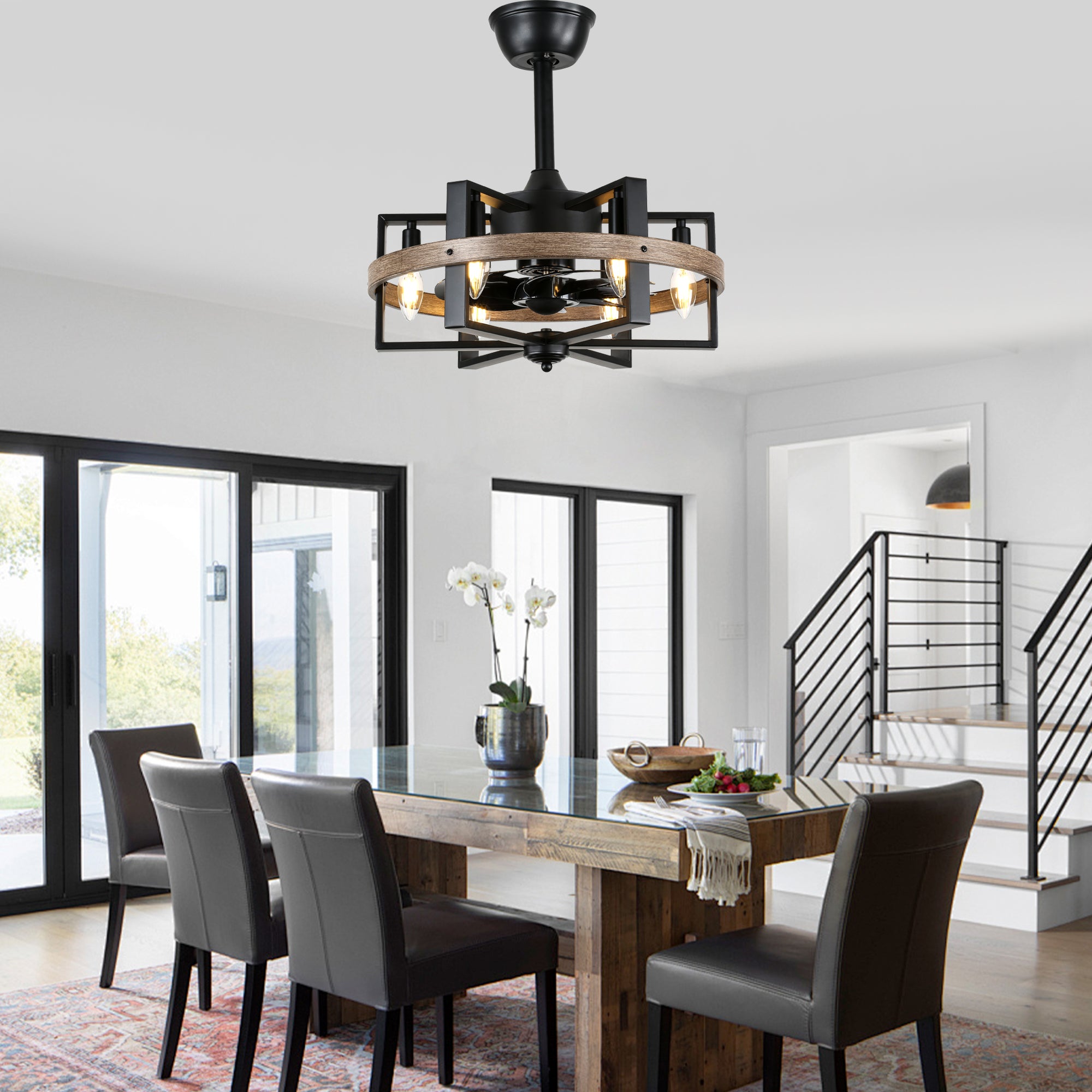 BD1811-BR-BellaDepot 18.5" Industrial Wood Grain Reversible Caged Ceiling Fan with Remote and 6 Lights