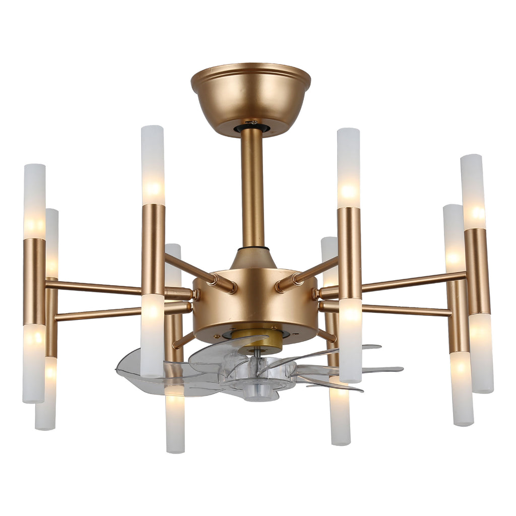 23 Inch Gold Modern Bladeless Ceiling Fan with Dimmable Lights and Remote Control, 6 Speeds DC Motor Fandelier Ceiling Fan for Bedroom