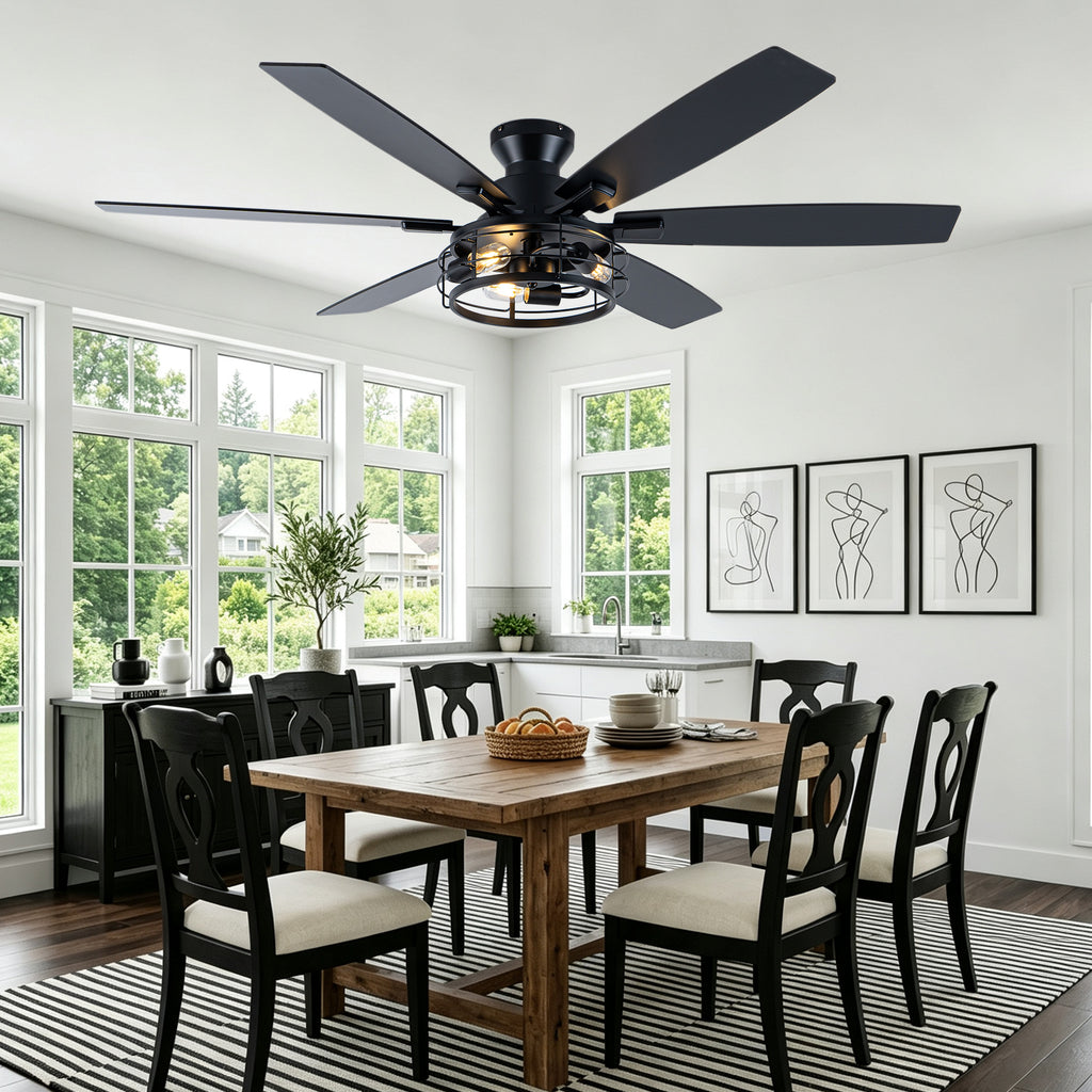 Farmhouse 60 Inch Flush Mount Ceiling Fan with Light Reversible Quiet DC Motor 6 Speed Ceiling Fan with Light Caged Timming Remote Control Ceiling Fan with Light Suit for Bedrooms, Kitchens, Living Rooms