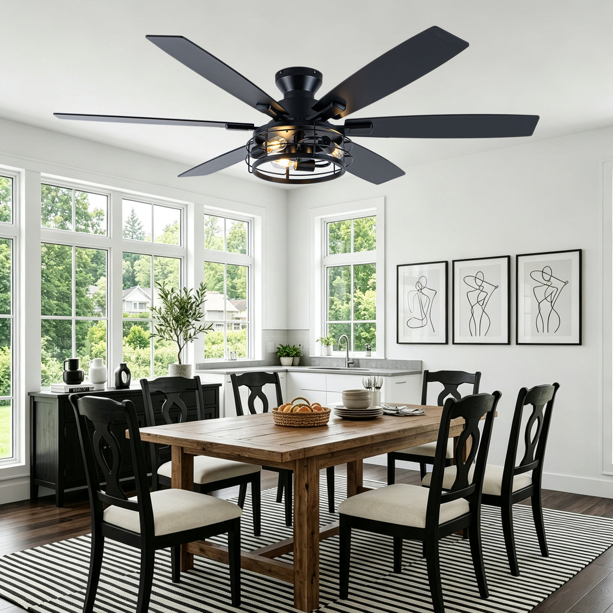 Farmhouse 60 Inch Flush Mount Ceiling Fan with Light Reversible Quiet DC Motor 6 Speed Ceiling Fan with Light Caged Timming Remote Control Ceiling Fan with Light Suit for Bedrooms, Kitchens, Living Rooms