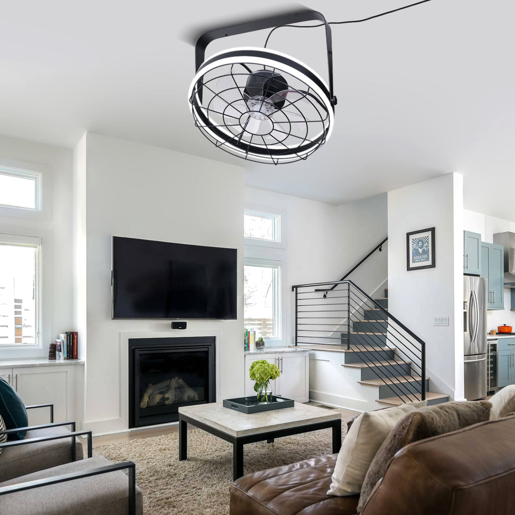23 Inch Black Modern Wall Mounted Caged Ceiling Fan with Dimmable LED Lights and Remote, 6 Speeds Plug In Bladeless Ceiling Fan