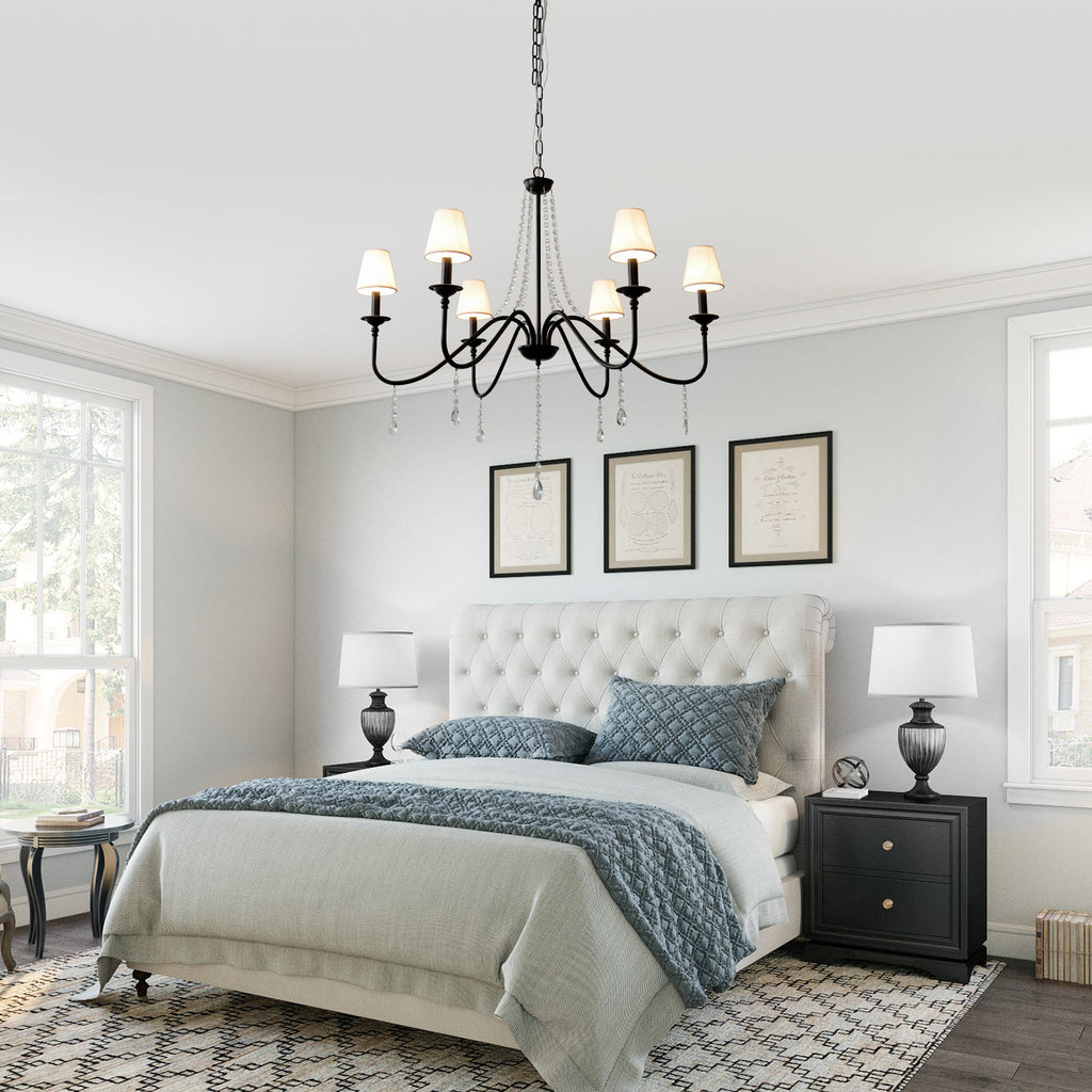 6-Light Classic Crystal Chandelier 34.7 Inch Traditional Chandelier Pendant Light Fixture with Fabric Shade