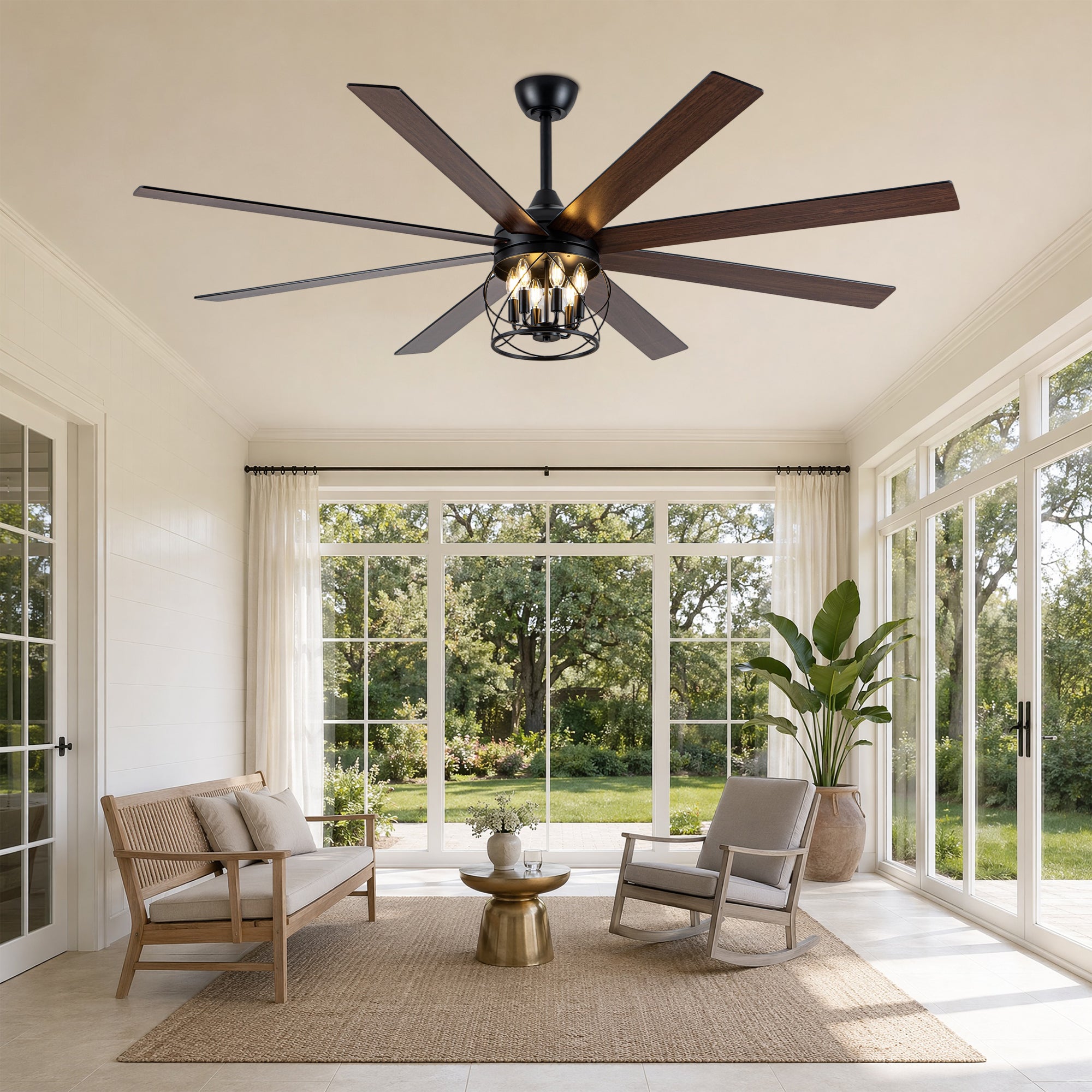 Industrial 72 Inch Large Ceiling Fan with Light Quiet Reversible DC Motor with Remote Control Ceiling Fan Adjustable Downrods Ceiling Fan Suit for Bedroom, Living Room