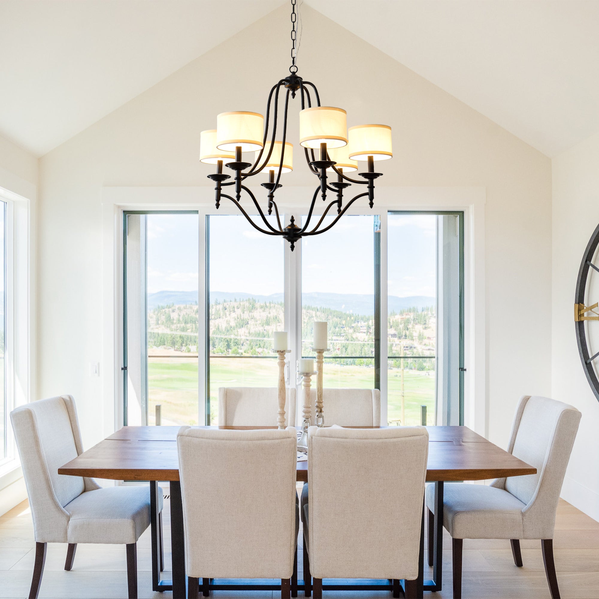 6 - Light Traditional Farmhouse Chandelier with Fabric Shades, 30 Inch Black Chandelier, Adjustable Classic Dining Room Light Fixture for Living Room