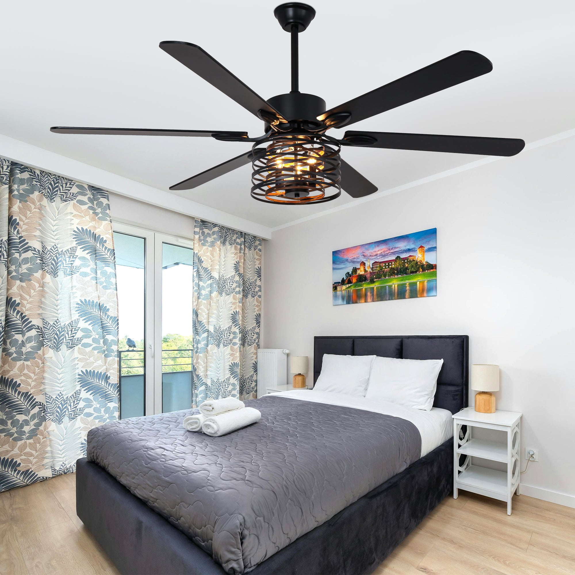 DC6507-BellaDepot 65" Farmhouse Industrial Brown Large Size Ceiling Fan with Remote Control, Silent Motor 6 Speeds Straight Leaf Fan with 3 Lights