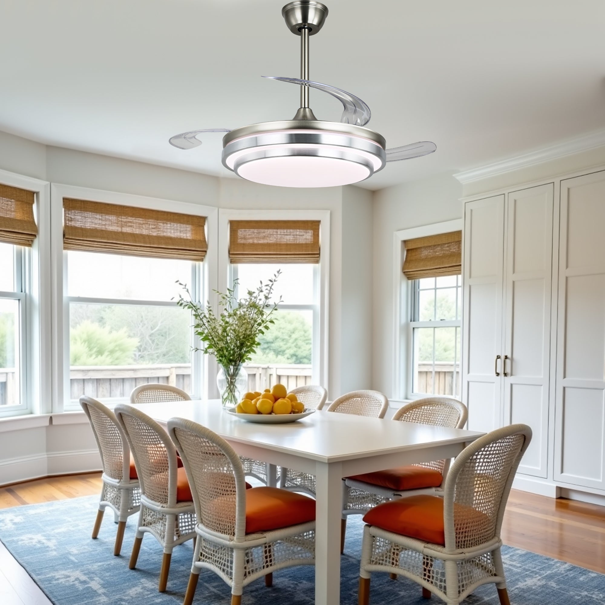 42 Inch Chrome Modern Retractable Ceiling Fan with Dimmable LED Light and Remote, 6 Speeds DC Motor Reversible Fandelier Ceiling Fan