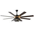 DC6501-BellaDepot 65" 8 Wooden Blades Black/Silver Finish Industrial Caged Reversible Ceiling Fan with Remote and 3 Lights, Large Size 6-speed Ceiling Fan