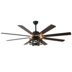 DC6501-BellaDepot 65" 8 Wooden Blades Black/Silver Finish Industrial Caged Reversible Ceiling Fan with Remote and 3 Lights, Large Size 6-speed Ceiling Fan