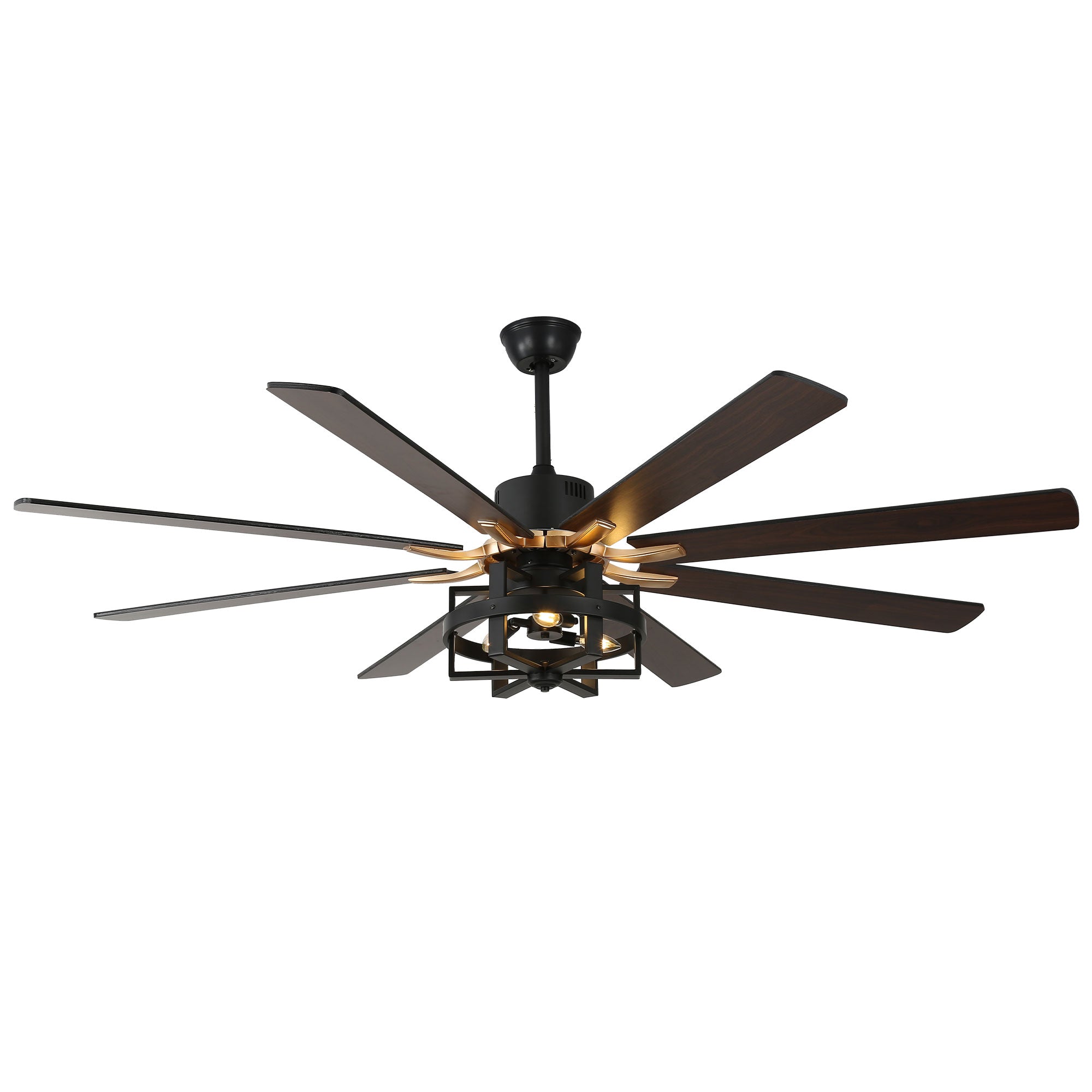DC6501-BellaDepot 65" 8 Wooden Blades Black/Silver Finish Industrial Caged Reversible Ceiling Fan with Remote and 3 Lights, Large Size 6-speed Ceiling Fan