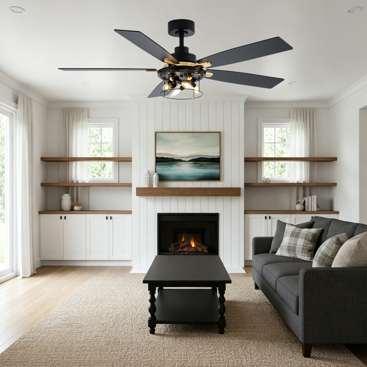 Industrial 52 Inch Gold/Black Caged Ceiling Fan with Light Quiet Reversible DC Motor with 6 Speed Remote Control Ceiling Fan 5 Blades Ceiling Fan Suit for Kitchen Bedroom Living Room