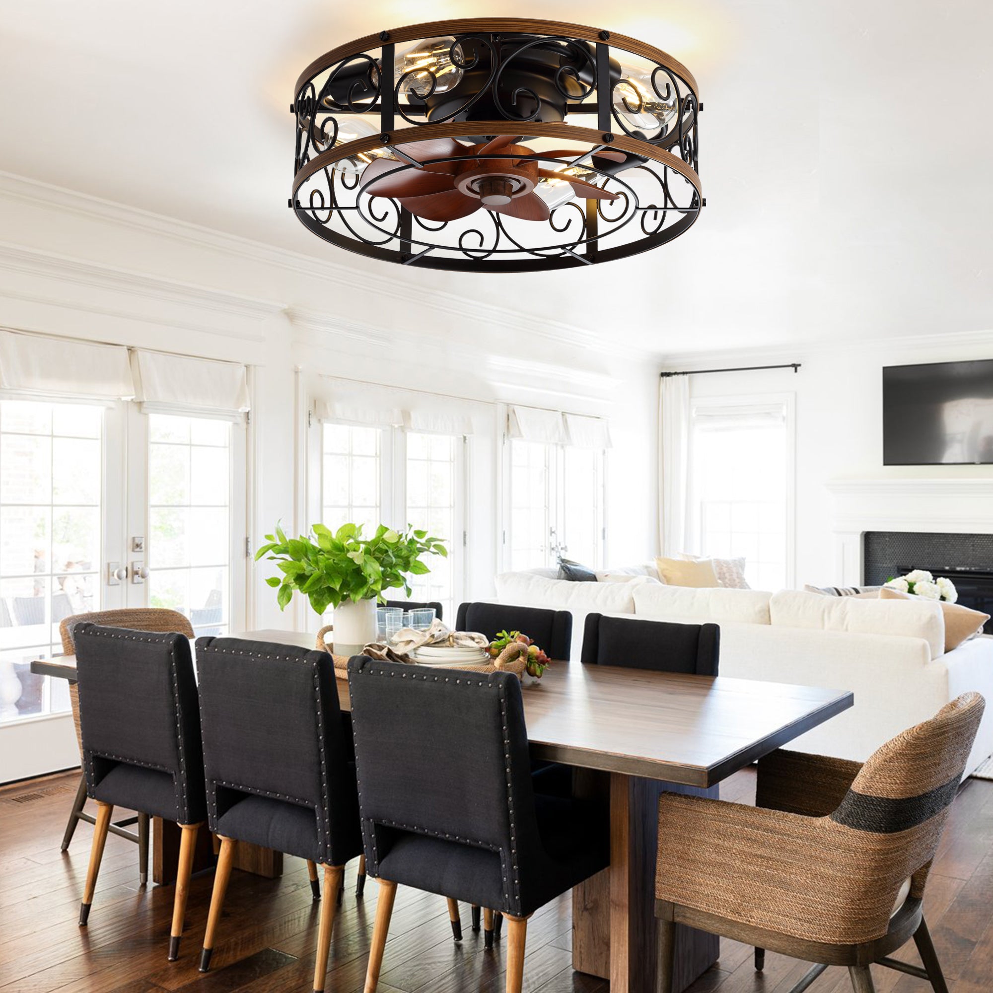 18 Inch Rustic Farmhouse Industrial Flush Mount Ceiling Fan with Lights and Remote, 6 Speeds DC Motor Reversible Low Profile Ceiling Fan