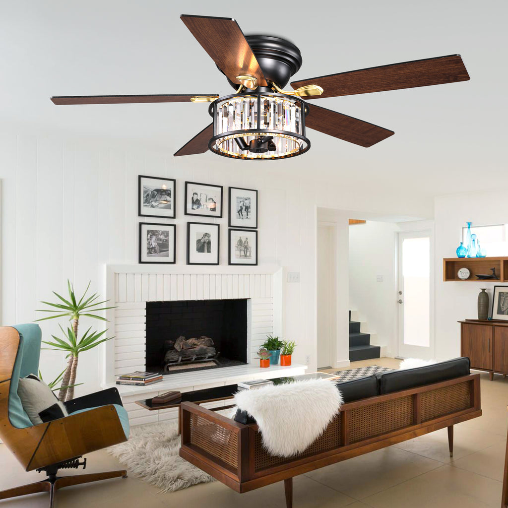 52 Inch Modern Glam Crystal Flush Mount Ceiling Fan with Lights and Remote, 6 Speeds DC Motor Reversible Low Profile Ceiling Fan