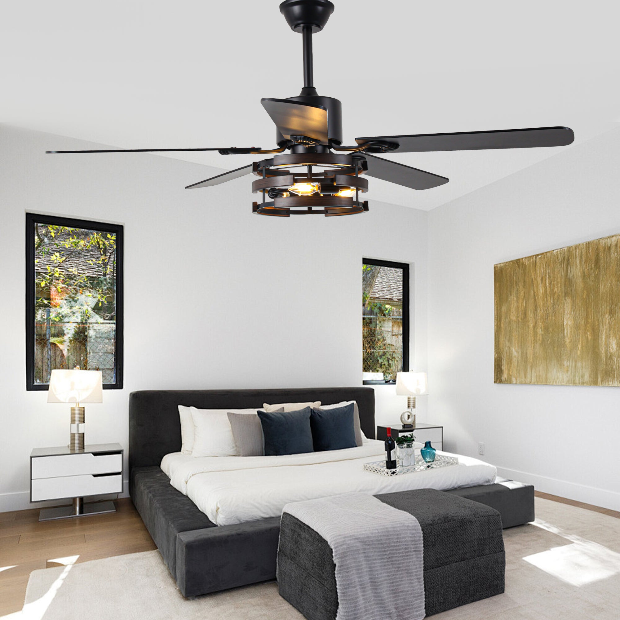 DC5224-BellaDepot 52" Farmhouse Industrial Brown Ceiling Fan with Remote Control, 6 Speeds Ceiling Fan with Lights for Living Room
