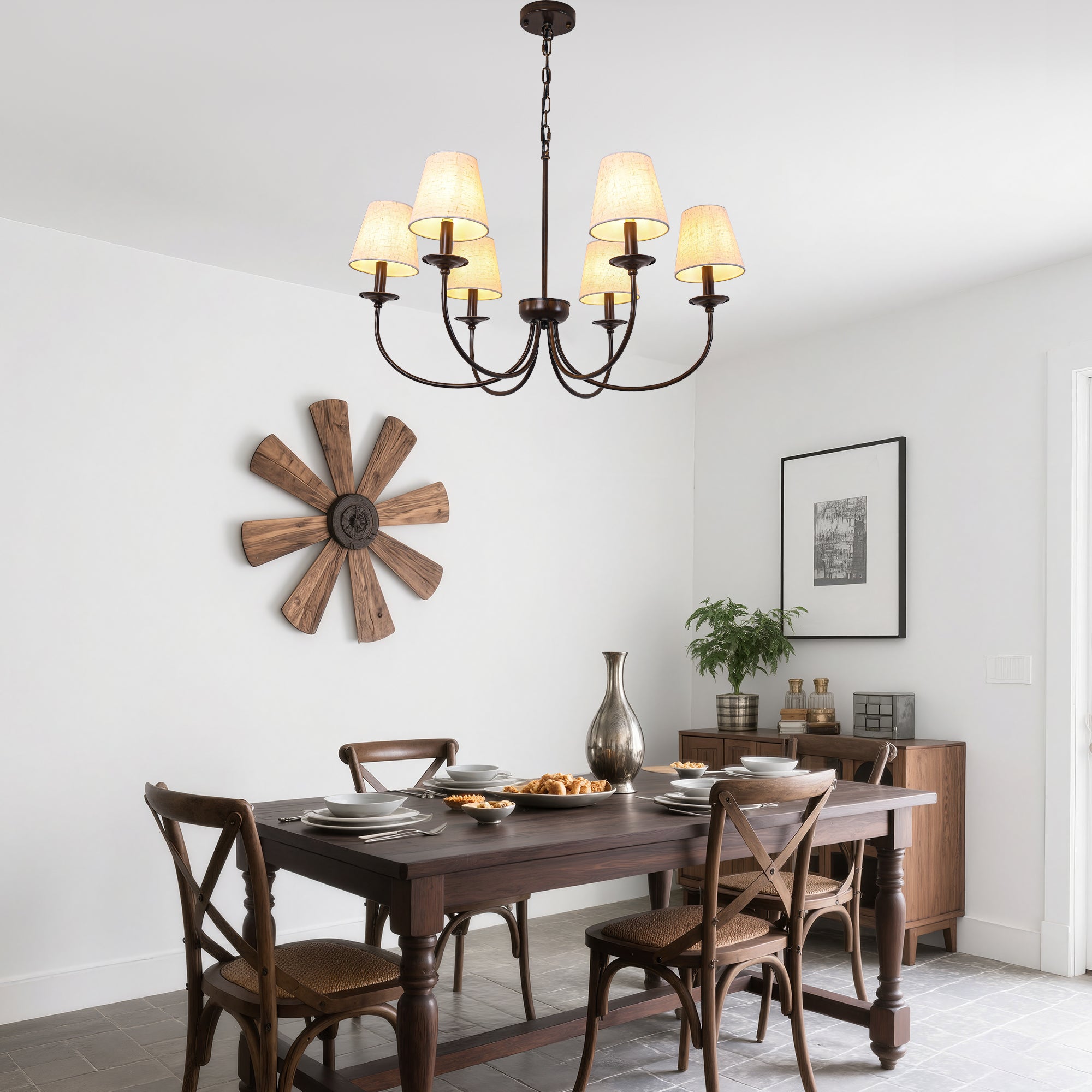 6-Light Black Farmhouse Chandelier with Fabric Shades, 30 Inch Classic Dining Room Light Fixture, Adjustable Pendant Lighting for Kitchen Island