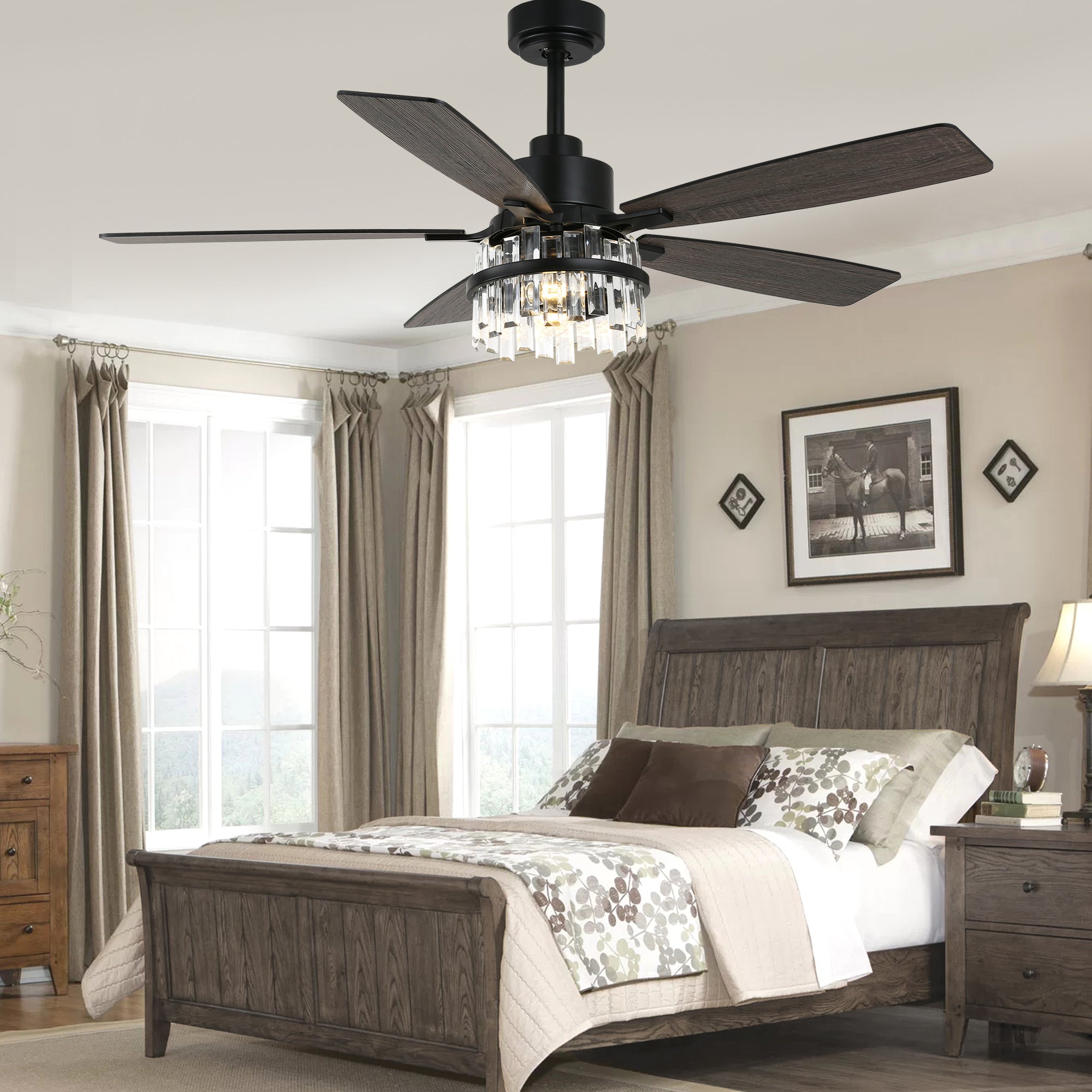 52 Inch Modern Glam Crystal Ceiling Fan with Light and Remote, 6-Speed Reversible DC Motor Large Ceiling Fan for Living Room