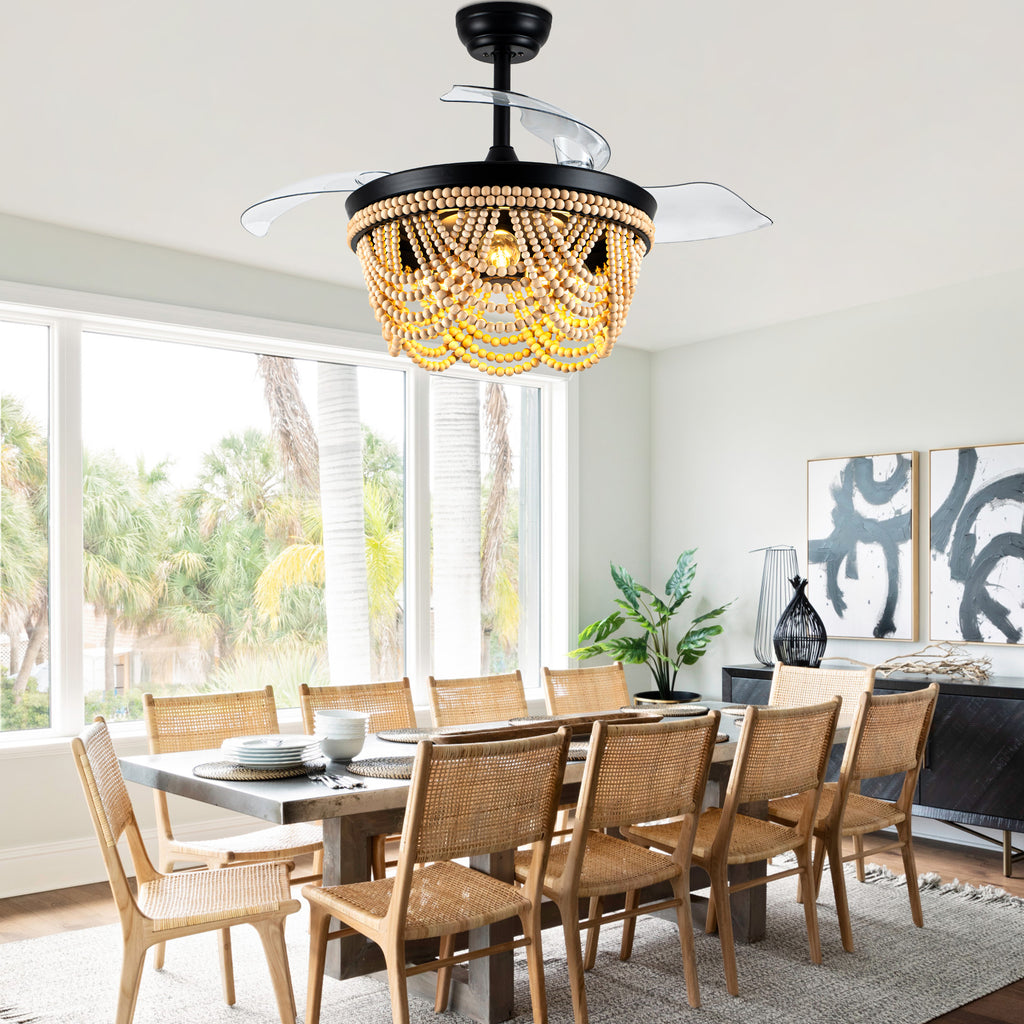 42 Inch Black Bohemian Retractable Ceiling Fan with Lights and Remote, 6 Speeds DC Motor Bladeless Fandelier Ceiling Fan with Wood Beaded Shade