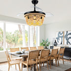 42 Inch Black Bohemian Retractable Ceiling Fan with Lights and Remote, 6 Speeds DC Motor Bladeless Fandelier Ceiling Fan with Wood Beaded Shade