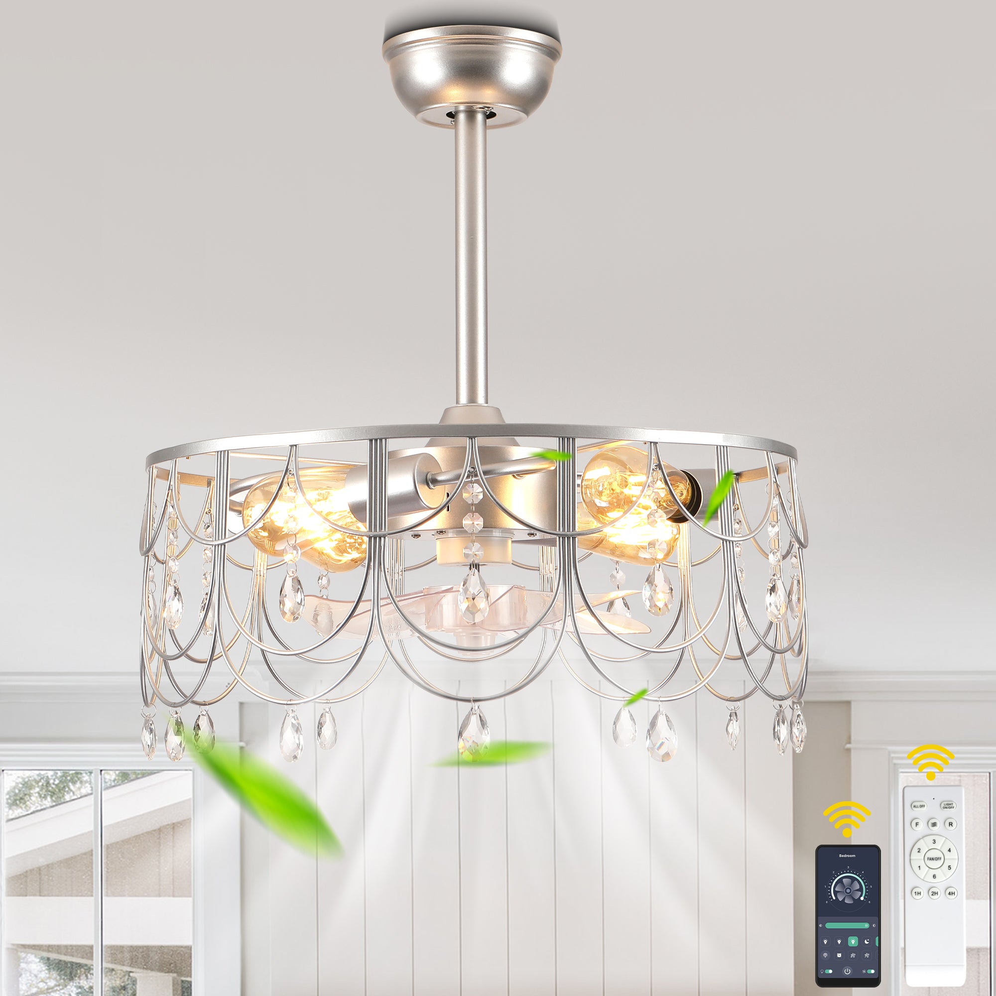 DC2105-BellaDepot 20.8" Black/Silver Dream Crystal Reversible Ceiling Fan with Remote and 4 Lights, 6-speed Bladeless Ceiling Fan