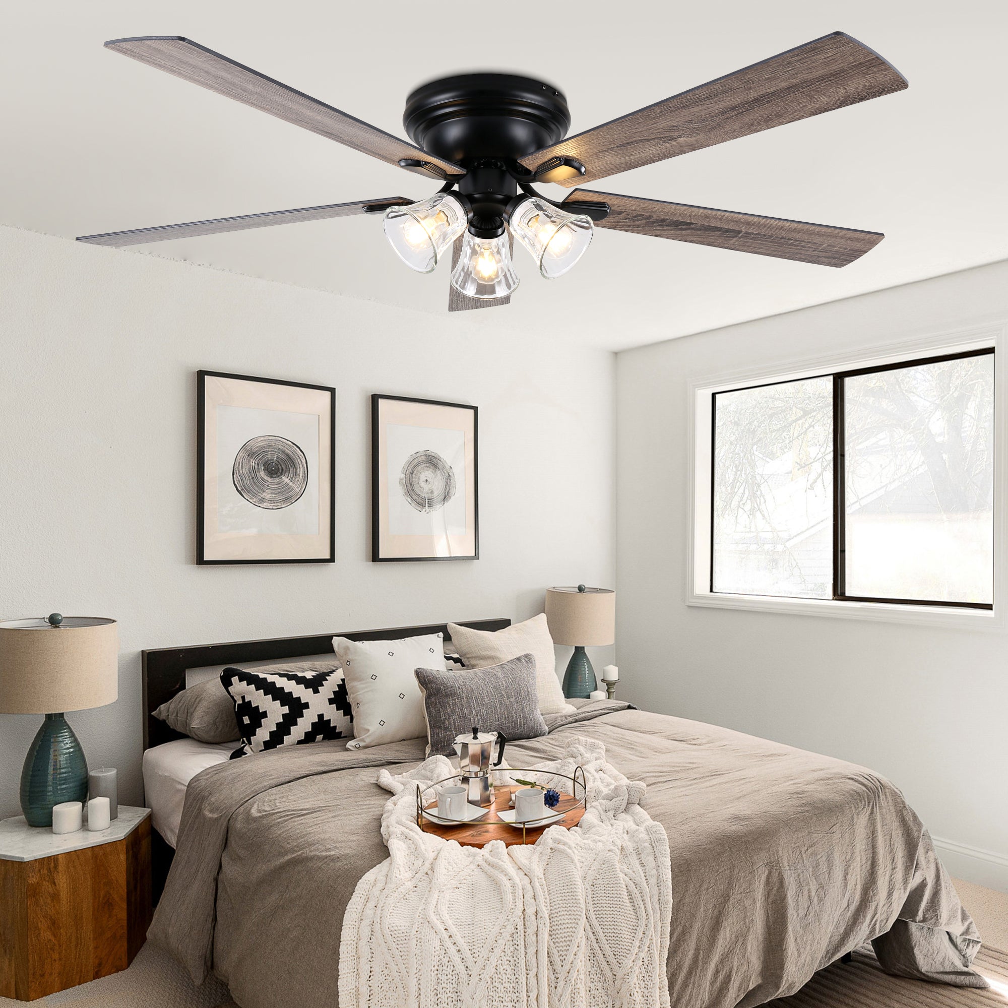 52/60 Inch Black Farmhouse Flush Mount Ceiling Fan with Lights and Remote Control, 6 Speeds DC Motor Low Profile Ceiling Fan with Glass Shade