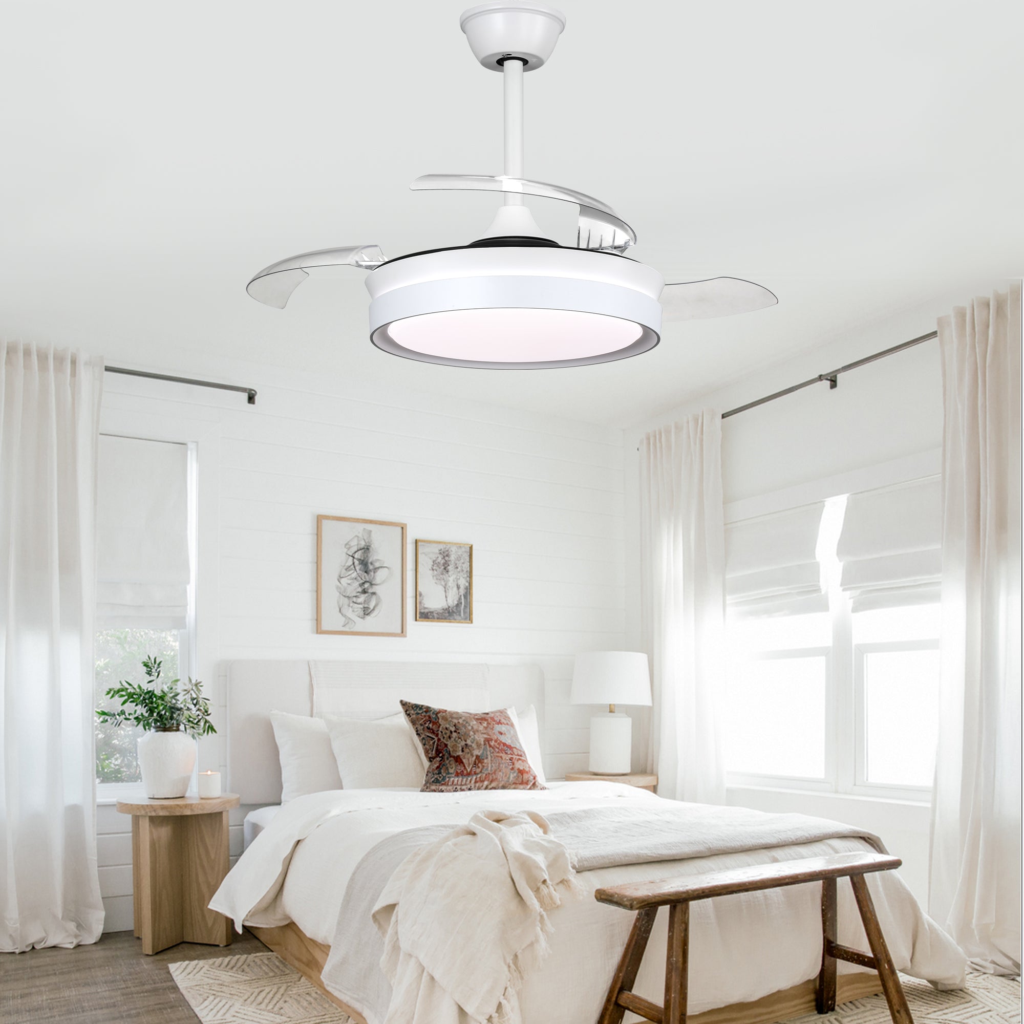 36 Inch Black/Gold/White Modern Smart Retractable Ceiling Fan with LED Light and Remote, 6 Speeds DC Motor Bladeless Ceiling Fan