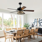 Luxury 52 Inch Crystal Caged Ceiling Fan with Light Reversible Wood Blades Quiet DC Motor Ceiling Fan Remote Control Timing Ceiling Fan Suit for Living Room, Kitchen, Bedroom