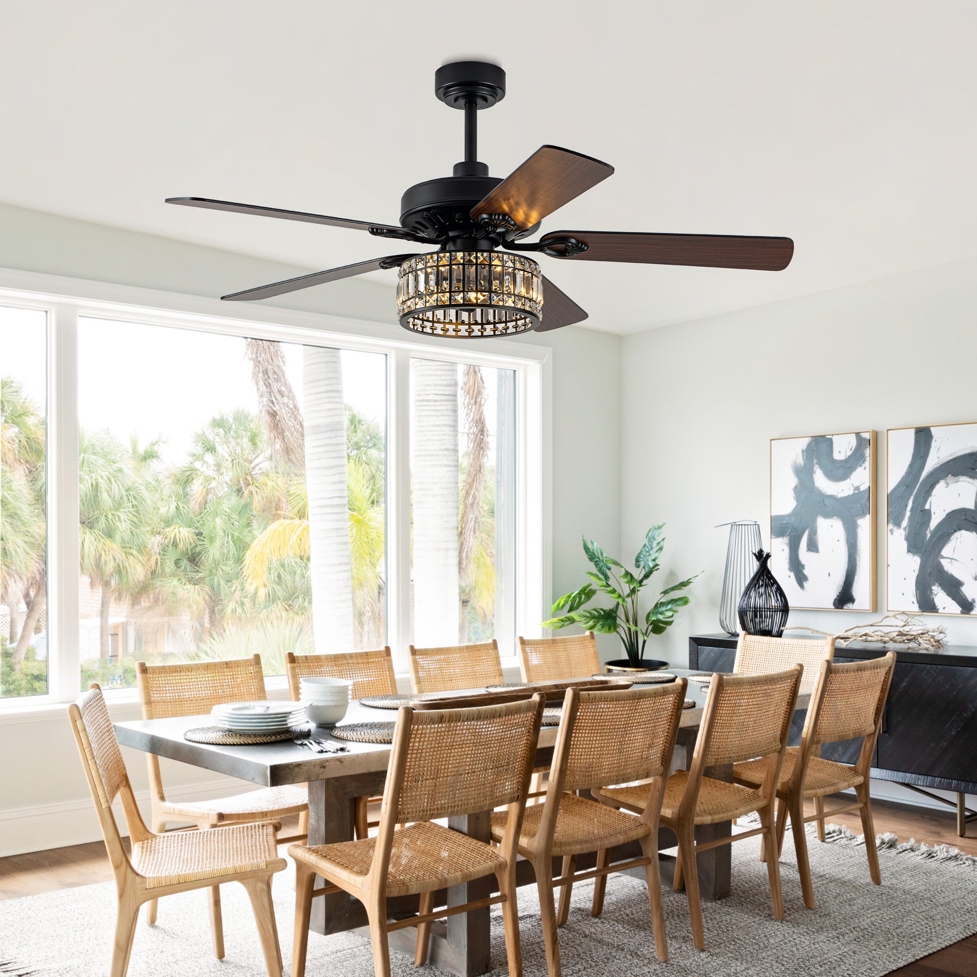 Luxury 52 Inch Crystal Caged Ceiling Fan with Light Reversible Wood Blades Quiet DC Motor Ceiling Fan Remote Control Timing Ceiling Fan Suit for Living Room, Kitchen, Bedroom