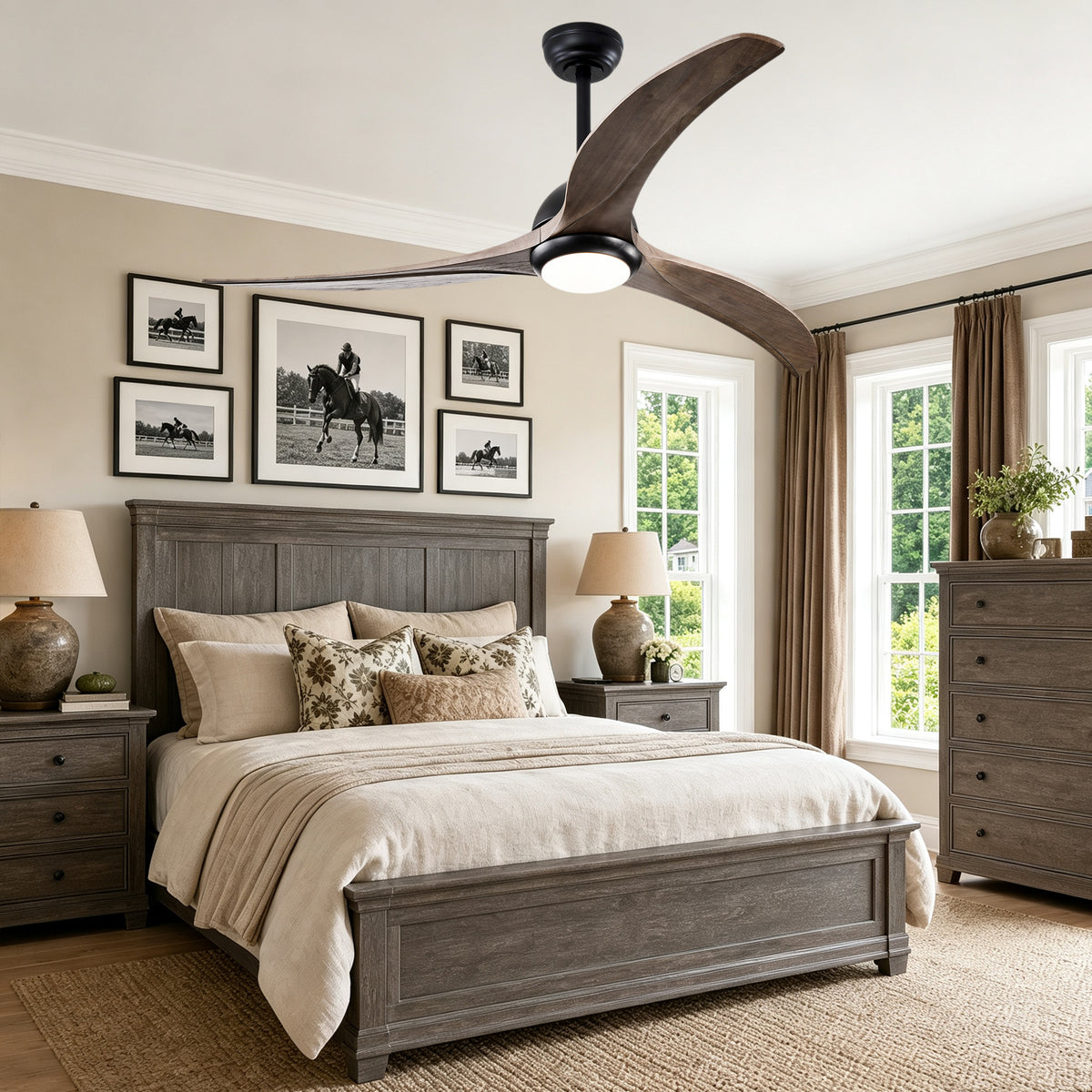 52 Inch Modern Farmhouse Matte Black Solid Wood Blade Ceiling Fan with Lights & Remote Control, 6 Speed DC Motor Reversible Ceiling Fan