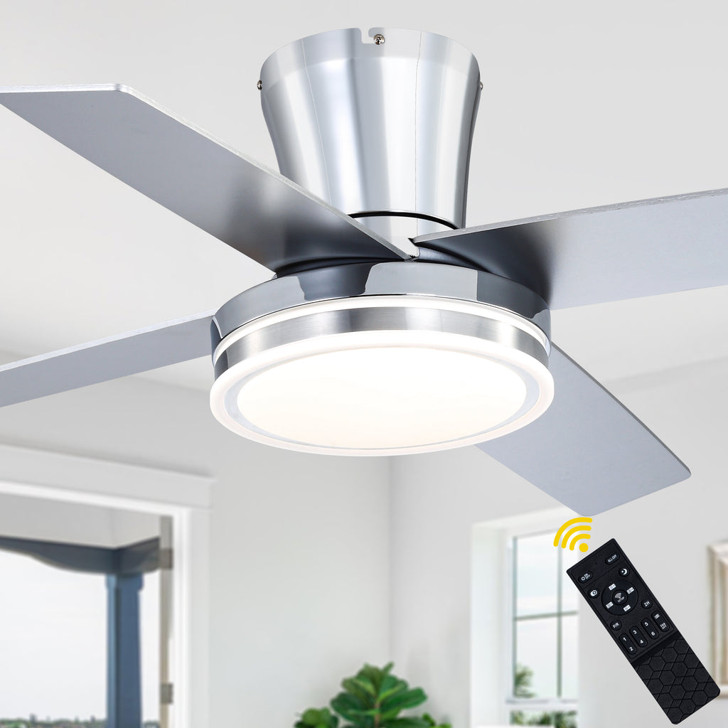 44 Inch Black/Chrome Modern Flush Mount Ceiling Fan with Dimmable LED Lights and Remote, 6 Speeds DC Motor Low Profile Ceiling Fan