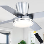 44 Inch Black/Chrome Modern Flush Mount Ceiling Fan with Dimmable LED Lights and Remote, 6 Speeds DC Motor Low Profile Ceiling Fan