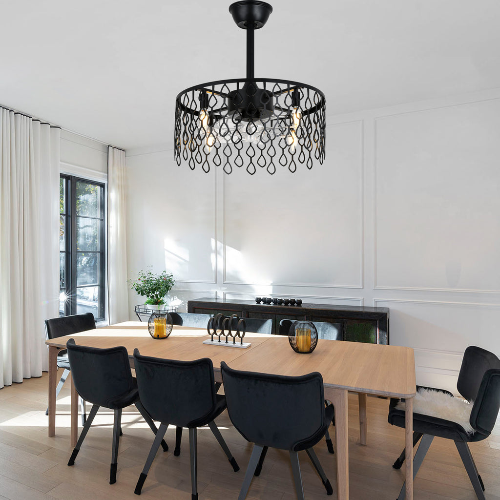 19 Inch Modern Black Drum Caged Ceiling Fan with Lights and Remote, 6 Speeds DC Motor Reversible Bladeless Fandelier Ceiling Fan