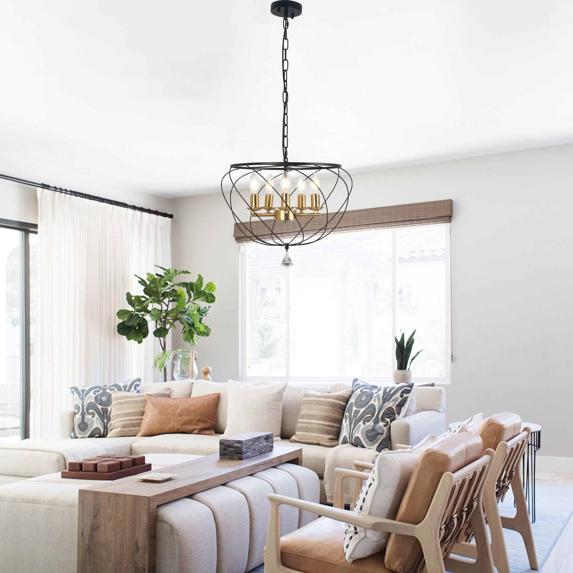 FC4087-BellaDepot 5 Lights Iron Geometric Linear Chandelier, Home Decorative Pendant Light with Lights and Adjustable Chain