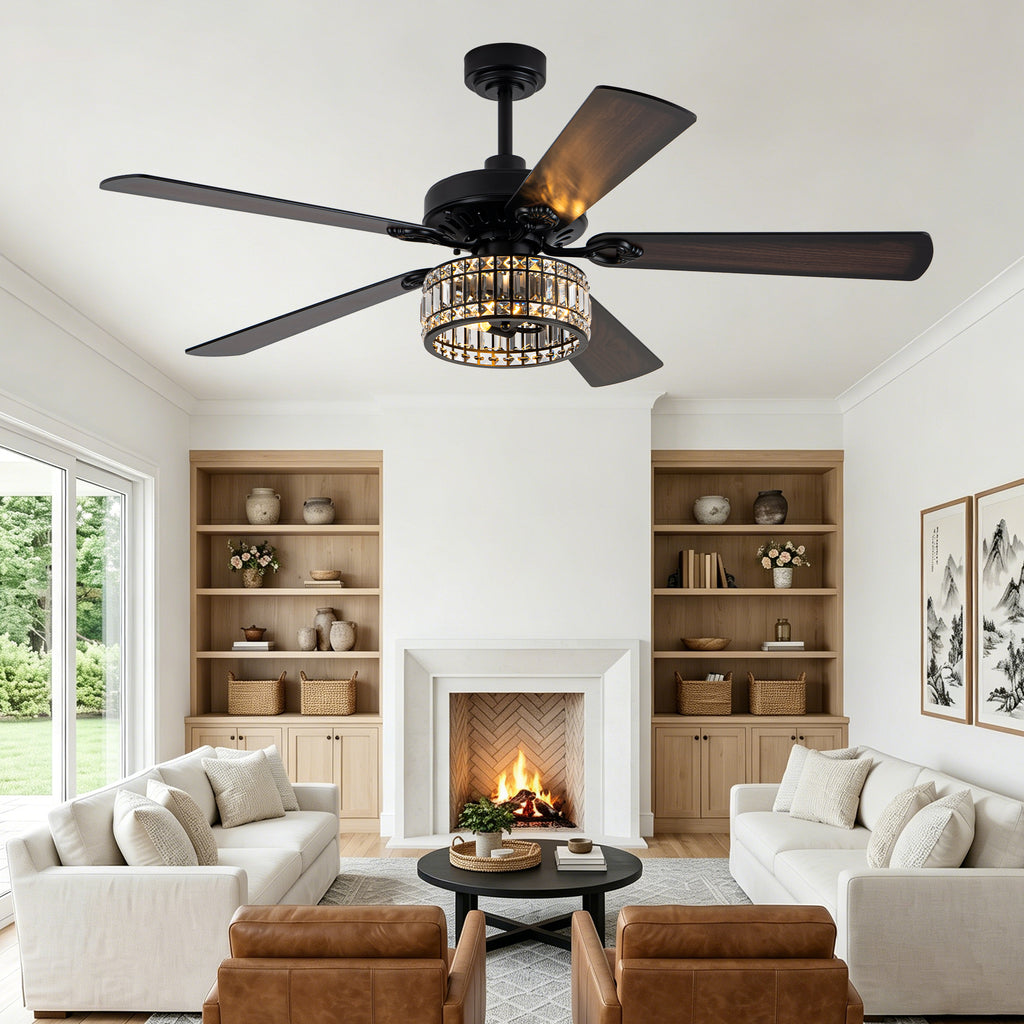 Luxury 60 Inch Crystal Caged Ceiling Fan with Light Reversible Quiet DC Motor and Remote Control Ceiling Fan Wood Blades Ceiling Fan Suit for Bedroom, Living Room, Kitchen