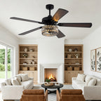 Luxury 60 Inch Crystal Caged Ceiling Fan with Light Reversible Quiet DC Motor and Remote Control Ceiling Fan Wood Blades Ceiling Fan Suit for Bedroom, Living Room, Kitchen