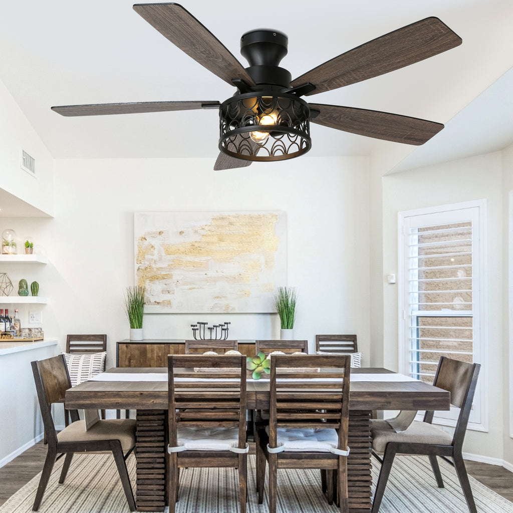 52 Inch Industrial Flush Mount Ceiling Fan with Lights and Remote Control, 6 Speeds Reversible Caged Ceiling Fan for Low Profile