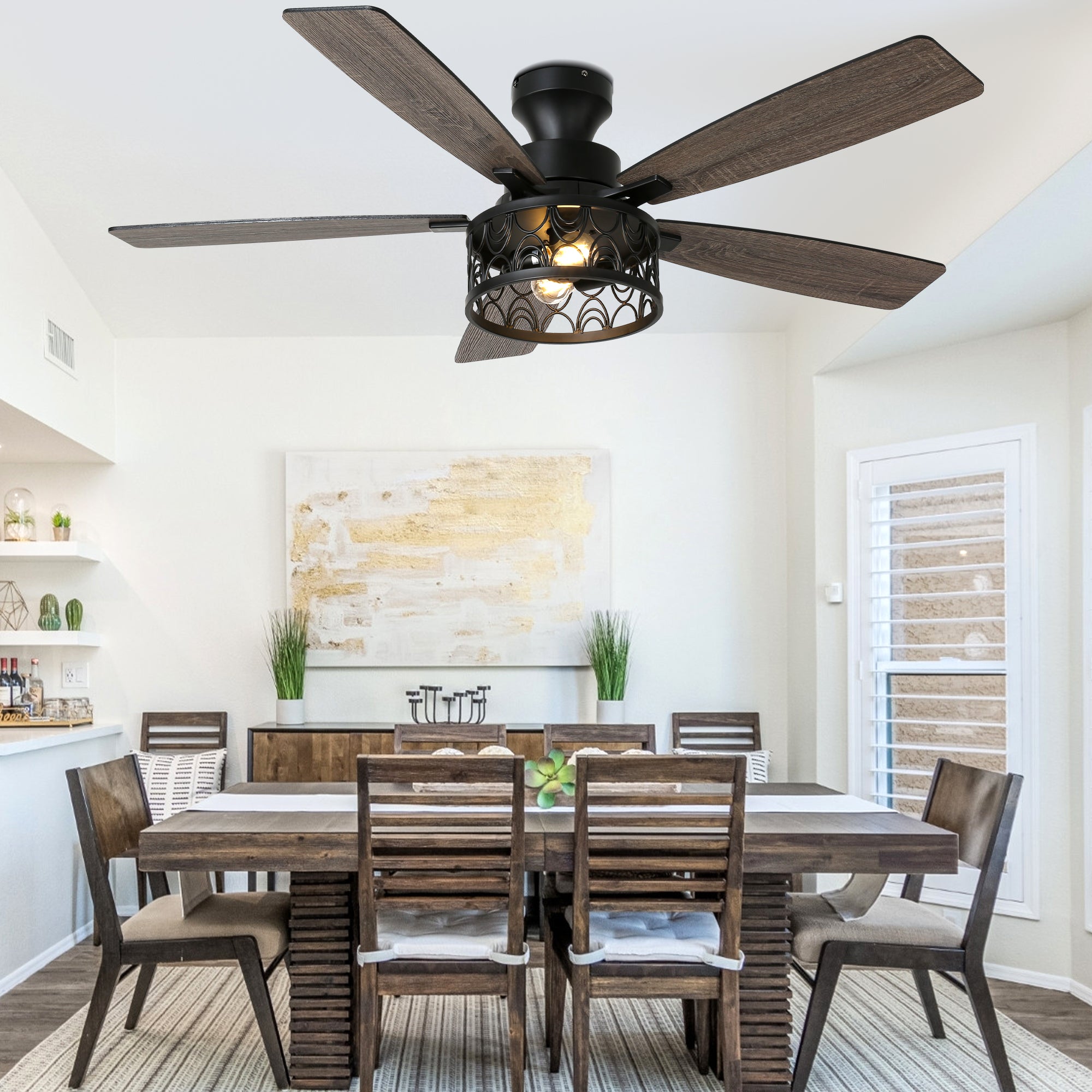 52 Inch Industrial Flush Mount Ceiling Fan with Lights and Remote Control, 6 Speeds Reversible Caged Ceiling Fan for Low Profile