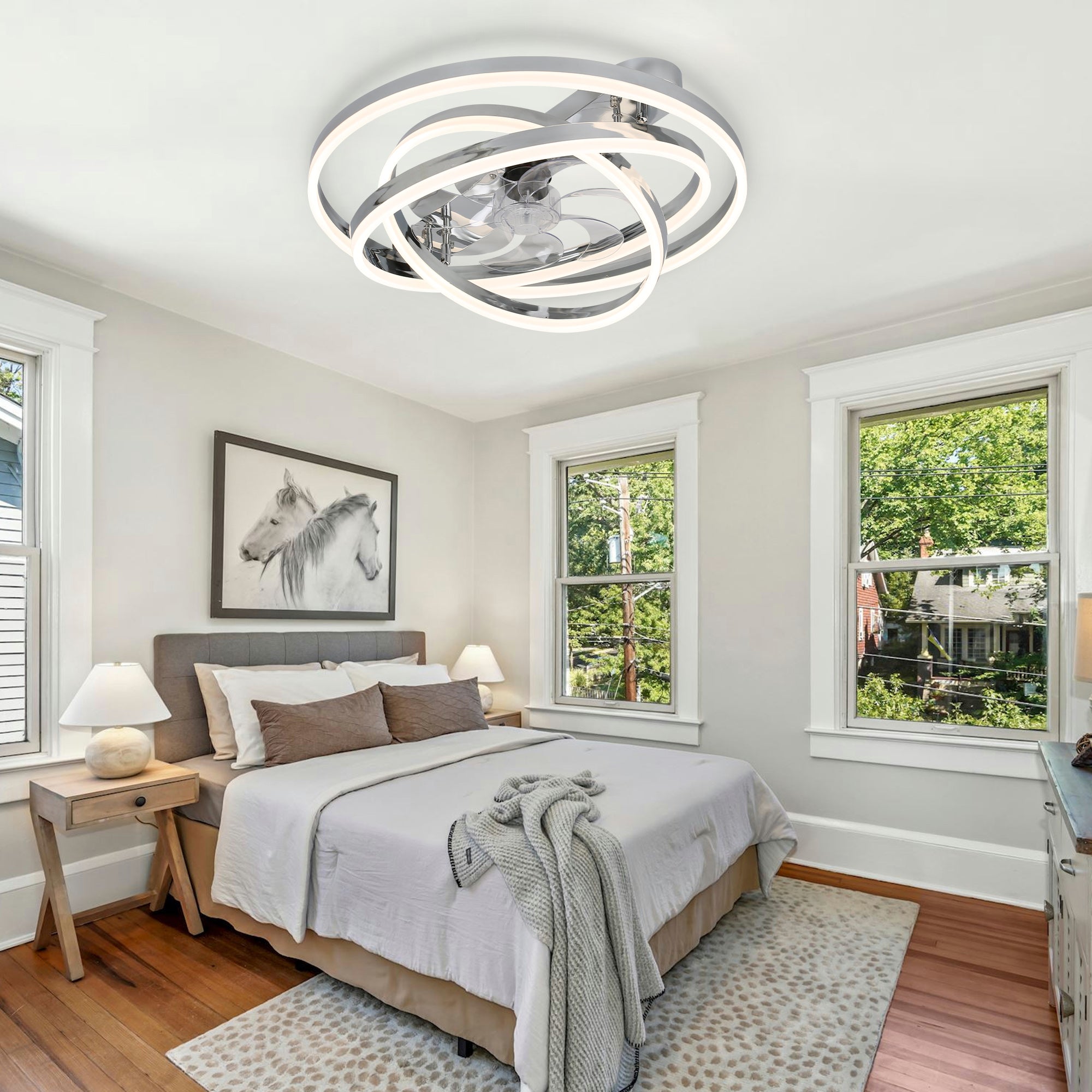 24 Inch Modern Smart Flush Mount LED Ceiling Fan with Light and Remote, 6 Speeds DC Motor Bladeless Low Profile Ceiling Fan