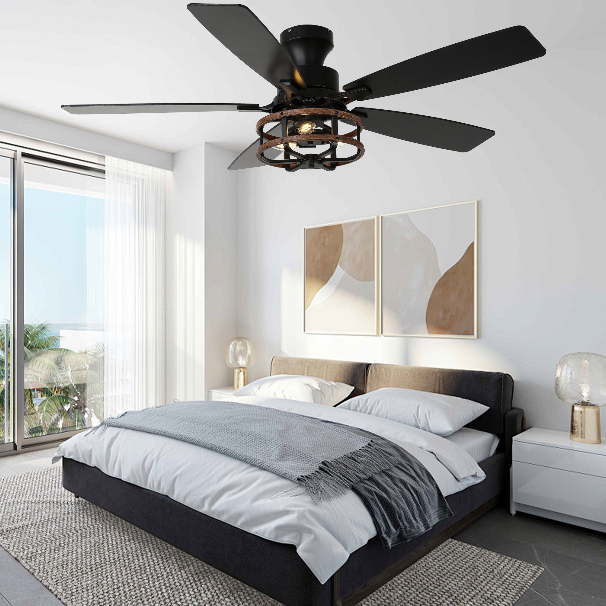 52 Inch Farmhouse Flush Mount Ceiling Fan with Lights and Remote, 6 Speeds DC Motor Reversible Low Profile Ceiling Fan for Living Room