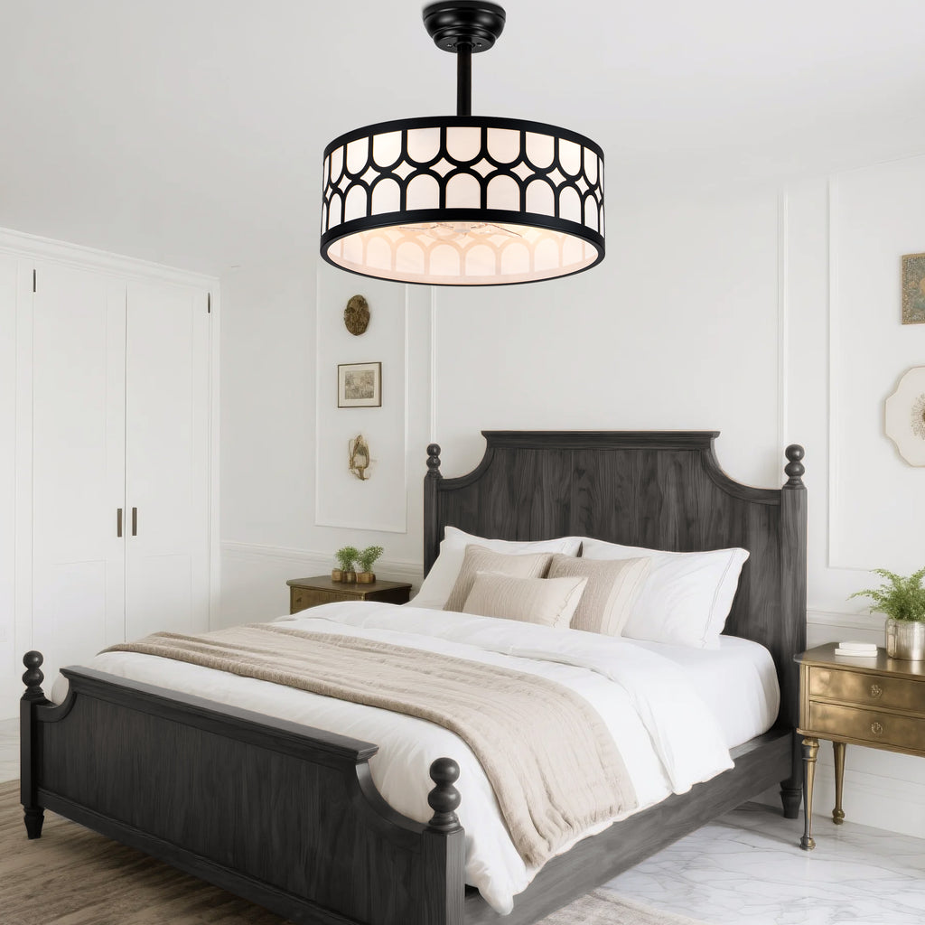 20 Inch Modern Drum Cage Ceiling Fan with Light and Remote, DC Motor 6-Speed Reversible Fandelier Bladeless Ceiling Fan for Bedroom