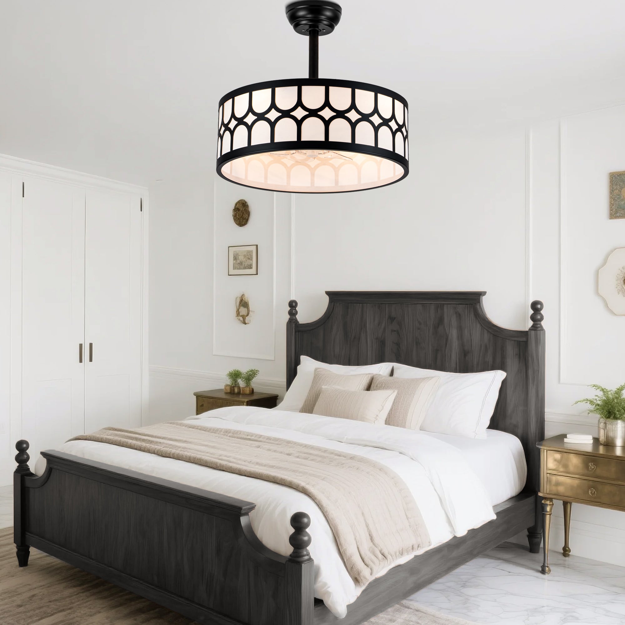 20 Inch Modern Drum Cage Ceiling Fan with Light and Remote, DC Motor 6-Speed Reversible Fandelier Bladeless Ceiling Fan for Bedroom