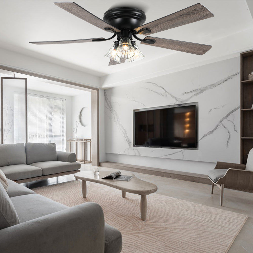 52/60 Inch Black Farmhouse Flush Mount Ceiling Fan with Lights and Remote Control, 6 Speeds DC Motor Low Profile Ceiling Fan with Glass Shade