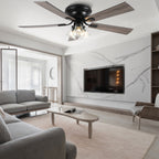 52/60 Inch Black Farmhouse Flush Mount Ceiling Fan with Lights and Remote Control, 6 Speeds DC Motor Low Profile Ceiling Fan with Glass Shade