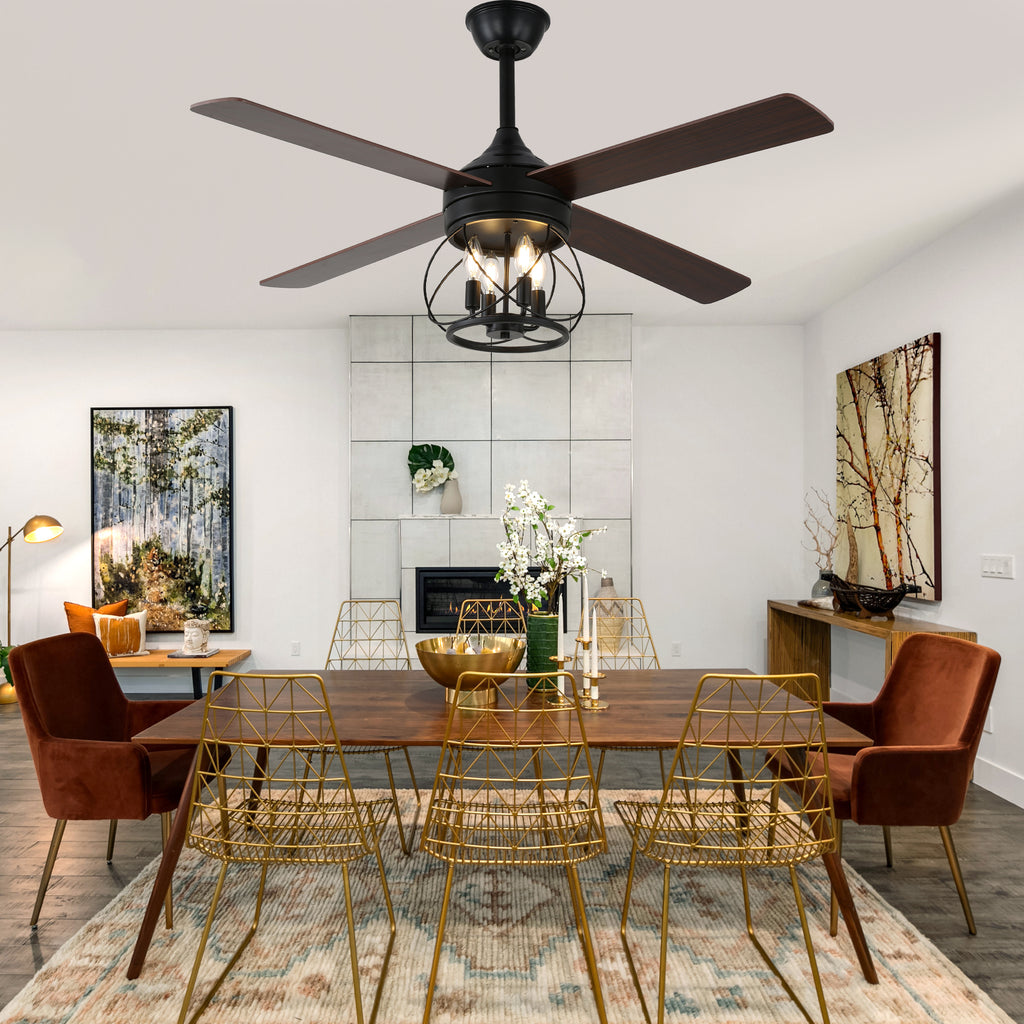 52 Inch Rustic Black Ceiling Fan with Lights and Remote, 6-Speed DC Motor Reversible Farmhouse Industrial Ceiling Fan