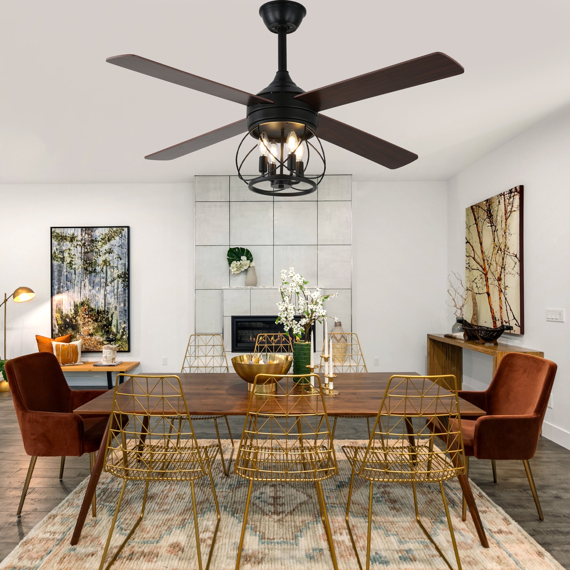 52 Inch Rustic Black Ceiling Fan with Lights and Remote, 6-Speed DC Motor Reversible Farmhouse Industrial Ceiling Fan