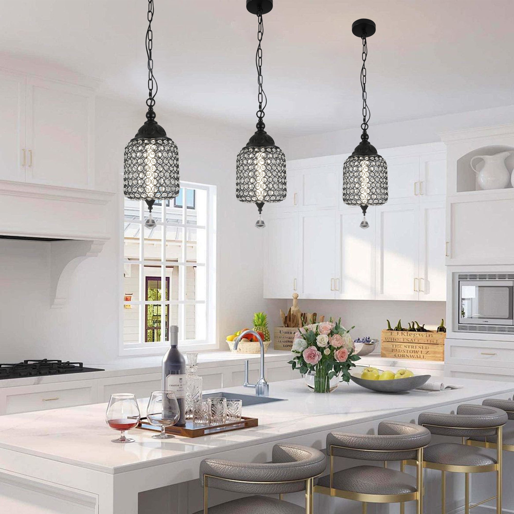 FC4074-BellaDepot LED Black/Silver Finish Modern Crystal Chandelier, Height Adjustable Geometric Pendant Light