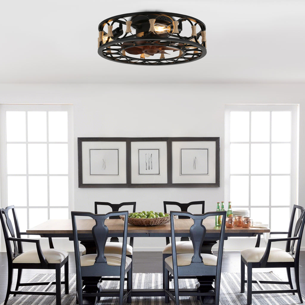 19 Inch Black Farmhouse Flush Mount Ceiling Fan with Lights and Remote, 6 Speeds DC Motor Bladeless Ceiling Fans for Low Profile Ceiling