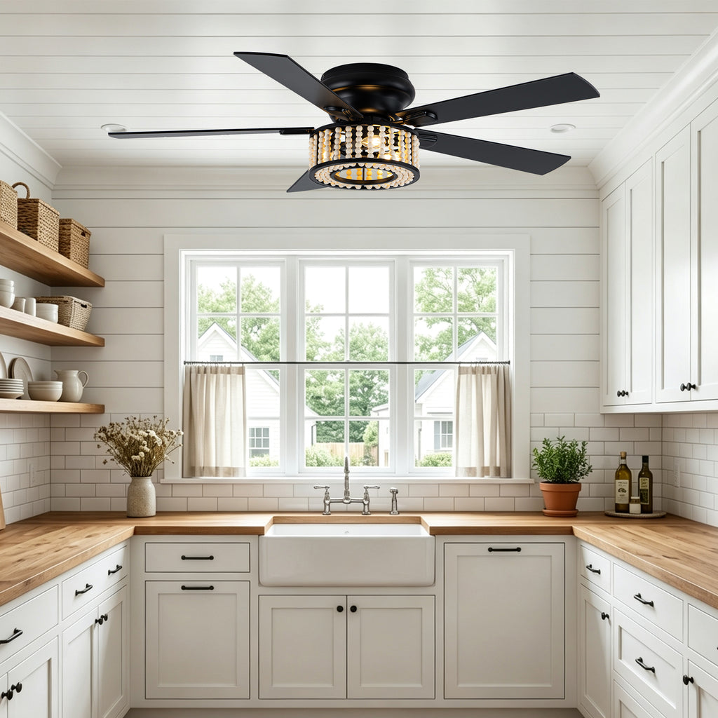 Bohemian 52 Inch Flush Mount Ceiling Fan with Light Quiet DC Motor Reversible 5 Fan Blades Farmhouse Ceiling Fan with Light Remote Control 6 Adjustable Speed Ceiling Fan Suit for Bedrooms, Kitchens, Living Rooms