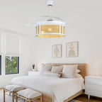 42 Inch White Rattan Retractable Ceiling Fan with Lights and Remote, 6 Speeds DC Motor Bladeless Fandelier Ceiling Fan for Bedroom